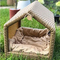 Wicker Pet House with Soft Cushion, Handwoven Rattan Raised Pet Bed for Small Pets