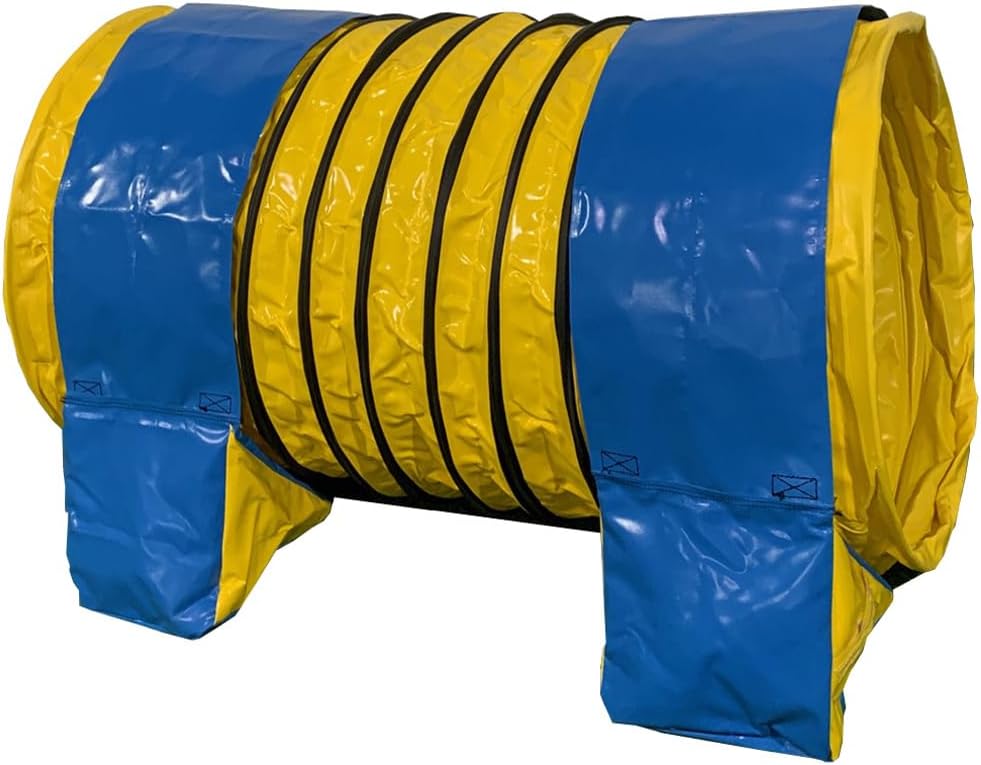 4 ft dog agility tunnel held in place by two sandbags