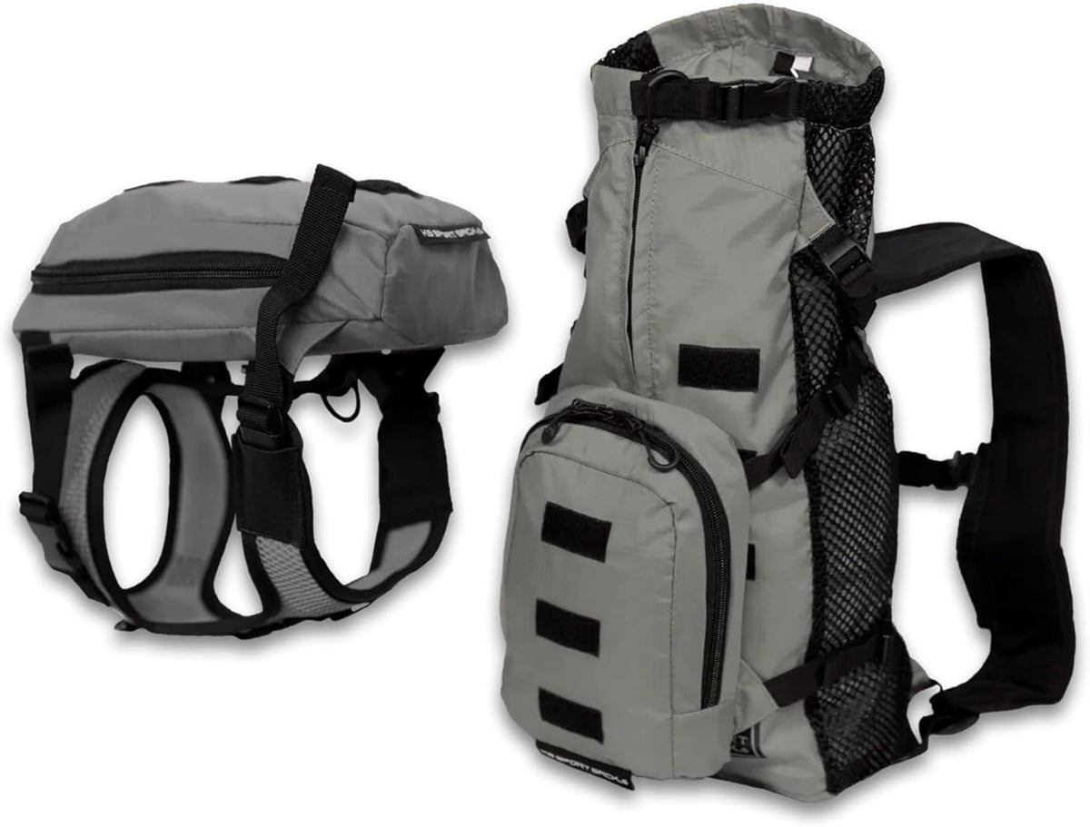Gray walk-on backpack dog carrier with harness for small dogs