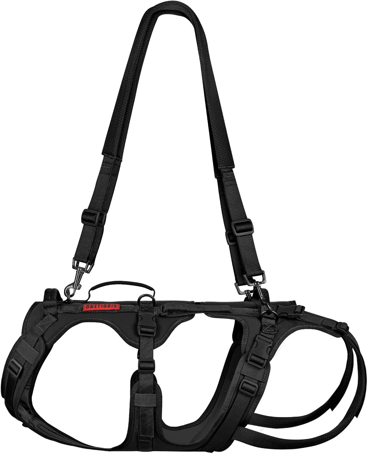 Black full body dog lift harness with three handles worn by a dog – view 3