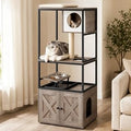 58" Cat Tree with Litter Box Enclosure, 4-in-1 Condo Tower with Elevated Bowls and Sisal Post