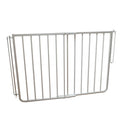White outdoor aluminum stairway gate mounted at top of deck stairs