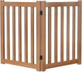 Brown wooden six-panel freestanding folding pet gate in a hallway – view 12