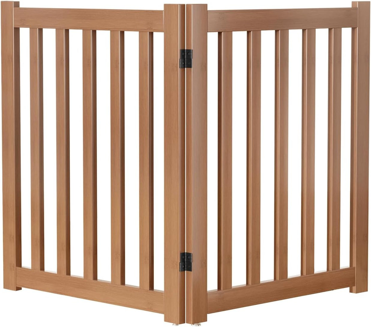 Brown wooden six-panel freestanding folding pet gate in a hallway – view 12