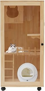 Large Wooden Cat Enclosure Catio Cage for Indoor Use, Covered Cat House Kit with Ramp, Thickened Pine Wood
