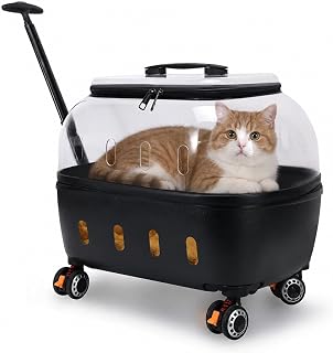Clear Pet Carrier with Wheels and Ventilation Holes, Black, 18.9 x 13.8 x 18.1 in