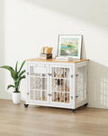 42 inch metal dog crate end table with wood top and wheels – view 2