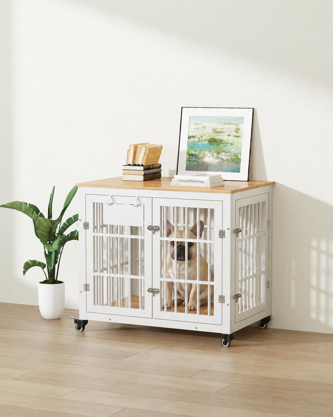 42 inch metal dog crate end table with wood top and wheels – view 2