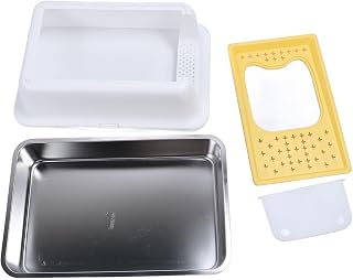 Enclosed Stainless Steel Cat Litter Box, High-Sided, Top and Front Entry, with Lid, White and Yellow
