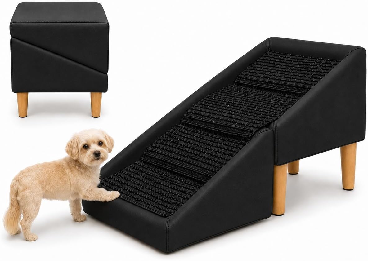 Grey ottoman unfolded into a solid wood dog ramp beside a couch – view 2