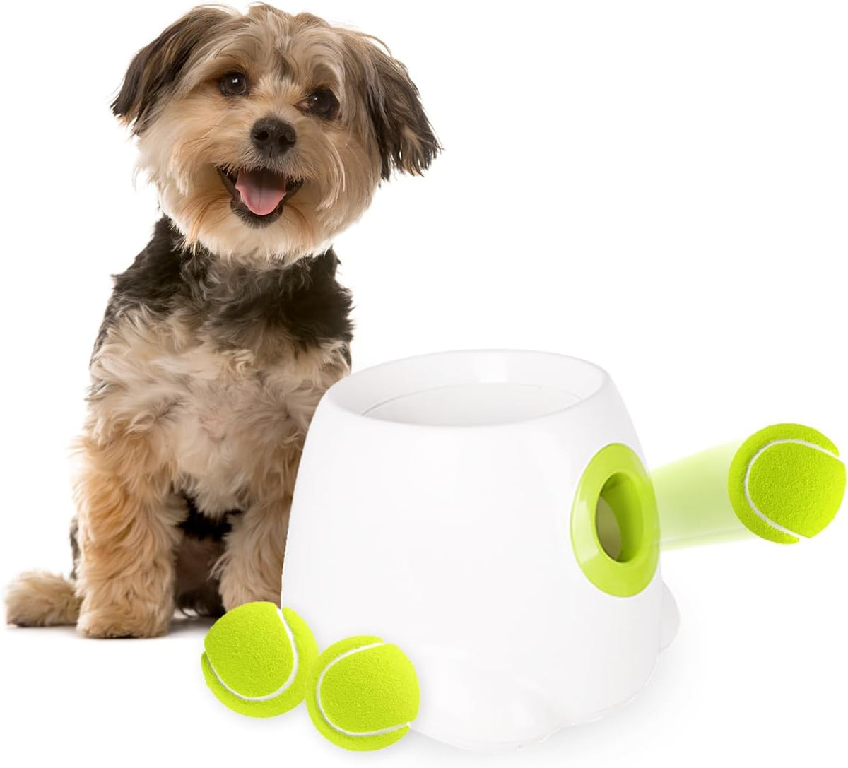 Automatic dog tennis ball launcher with a ball loaded in the top – view 2