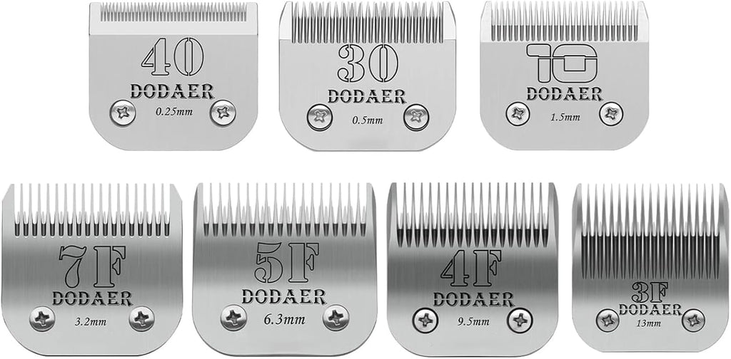 Set of eight ceramic dog clipper blades labeled by size – view 2