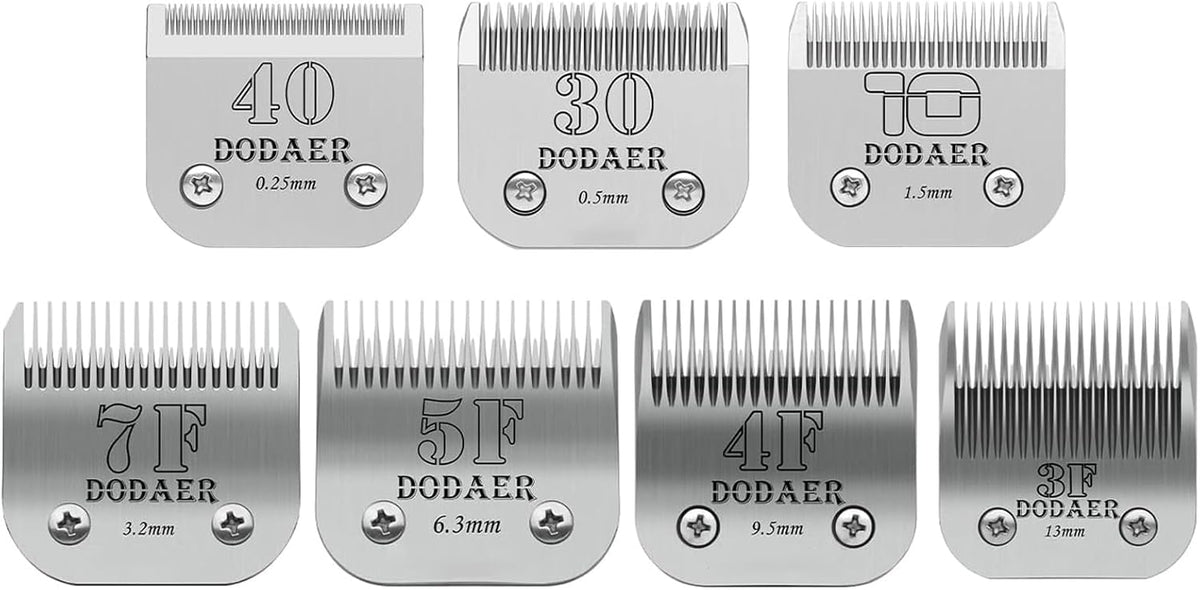 Set of eight ceramic dog clipper blades labeled by size – view 2