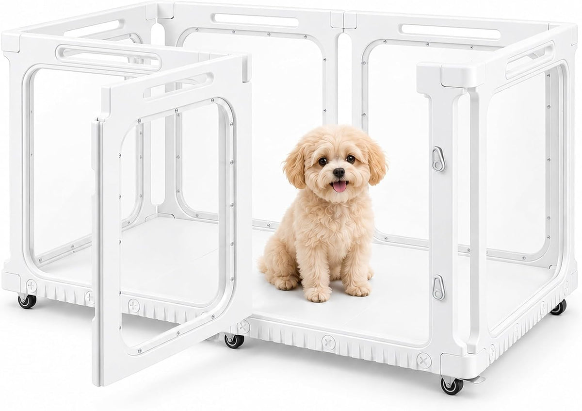 Clear acrylic puppy playpen with bottom tray on lockable wheels