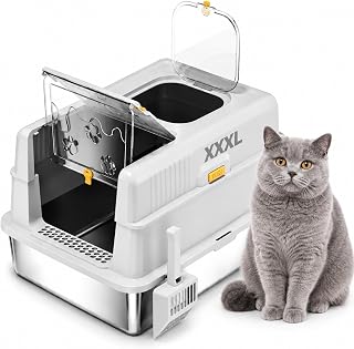 XXXL Stainless Steel Enclosed Cat Litter Box with Lid and Scoop, Extra Large High-Sided Metal Box, Gray