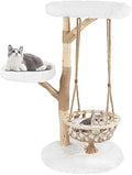 Tangkula 48.5 Inch Solid Wood Cat Tree with Natural Branch Design, Hanging Cradle, Jute Scratching Post, Top Perch and