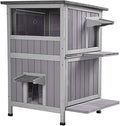 2-Story Wooden Cat House for Outdoor Feral Cats, with 2 Doors, 2 Platforms, Weatherproof Roof and PVC Door Curtain