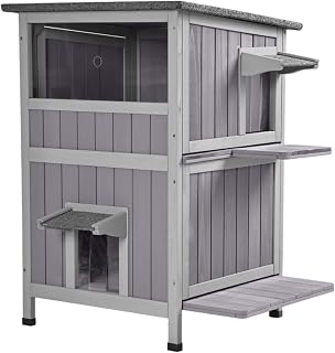 2-Story Wooden Cat House for Outdoor Feral Cats, with 2 Doors, 2 Platforms, Weatherproof Roof and PVC Door Curtain