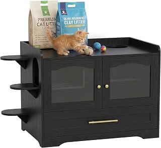Cat Litter Box Enclosure Furniture Cabinet with Acrylic Door, Black
