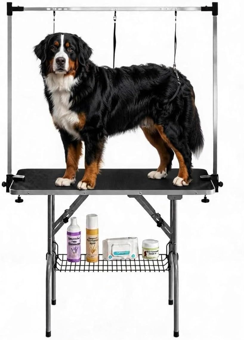Foldable dog grooming table with adjustable arm and storage basket