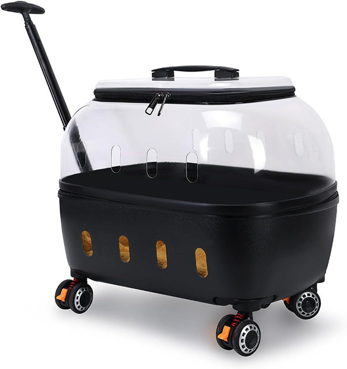 Transparent hard shell rolling pet carrier with wheels and telescoping handle – view 5