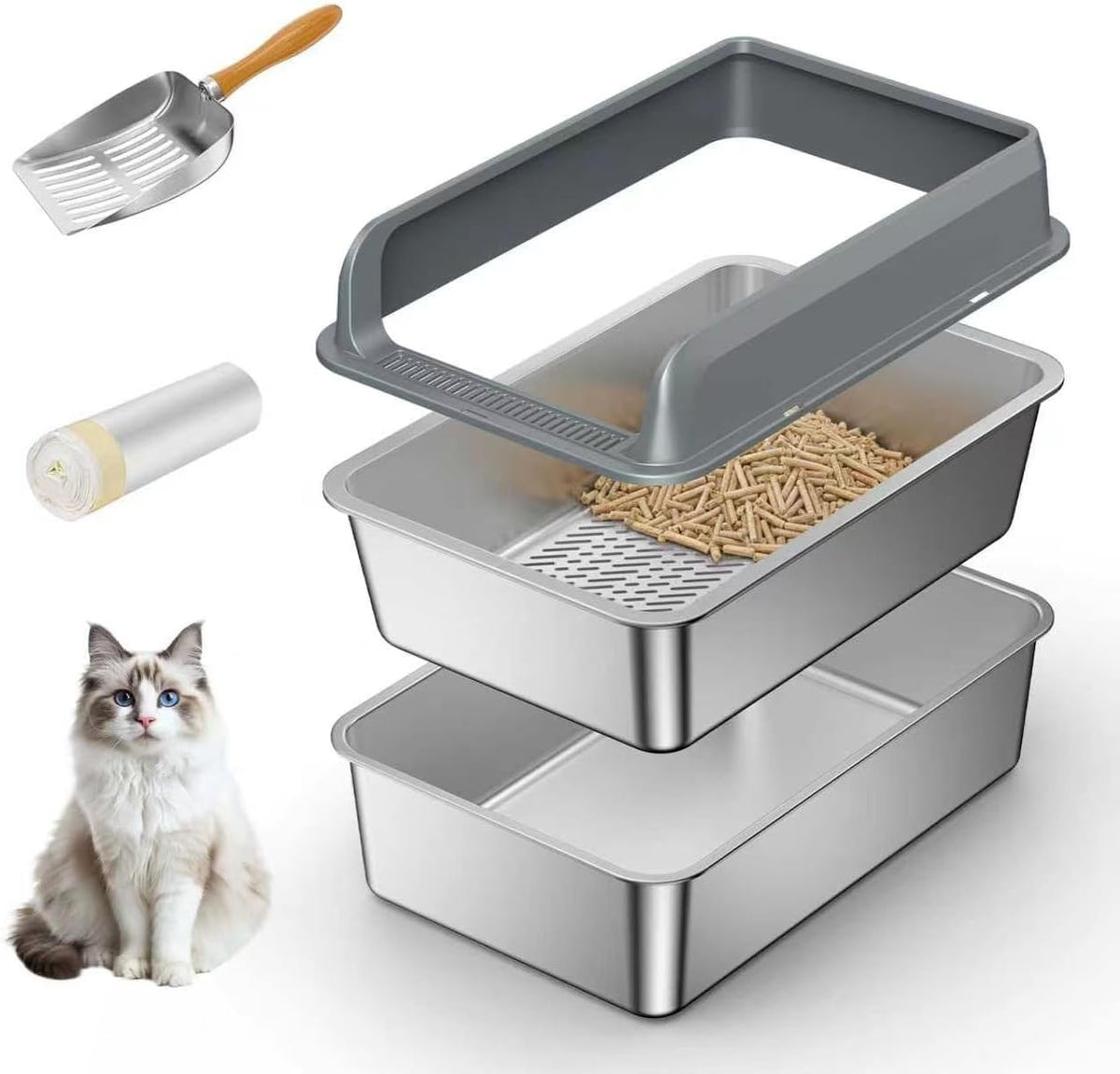 Stainless steel sifting cat litter box with lid and high sides – view 2