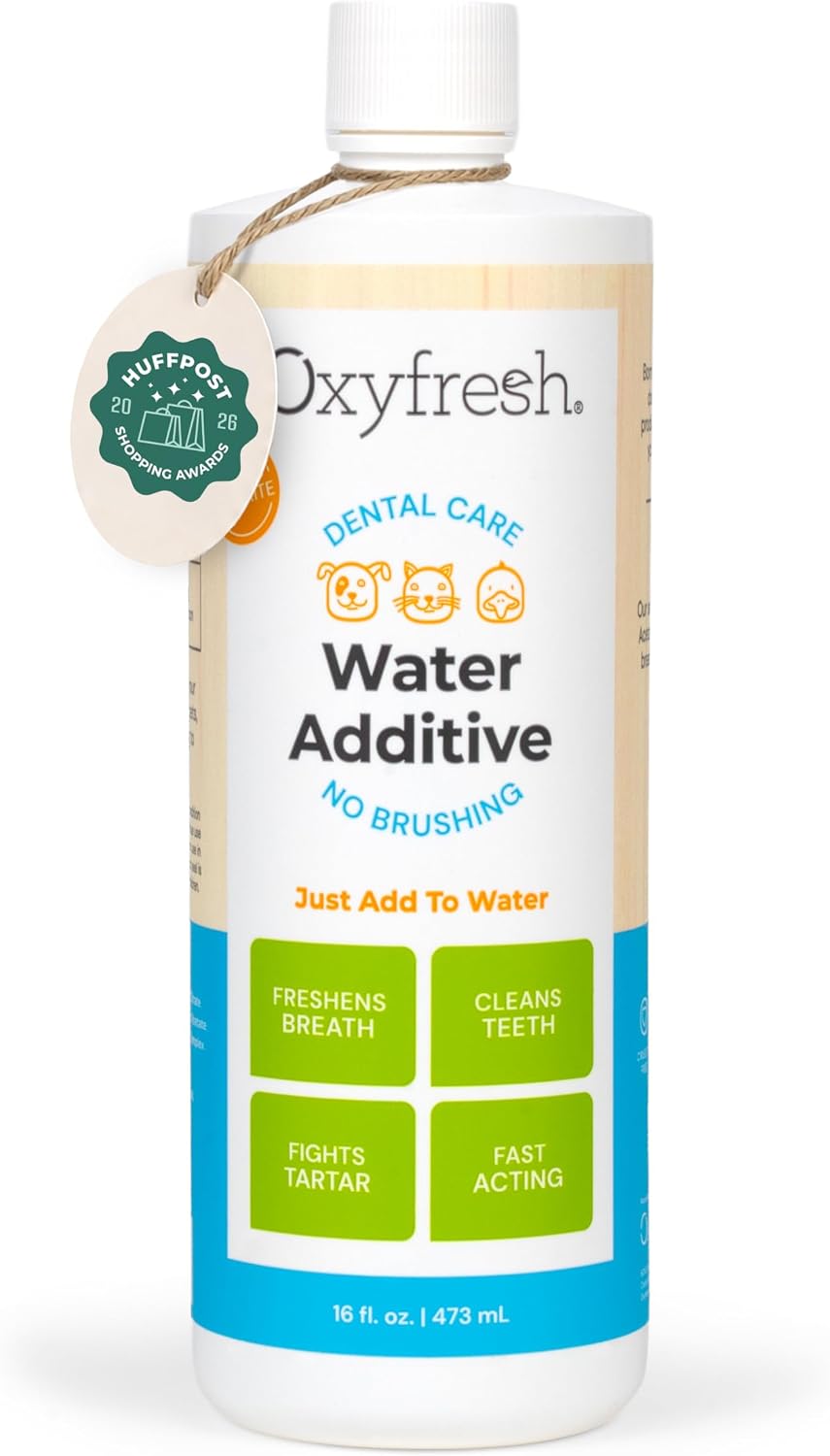 Bottle of pet dental water additive next to a dog water bowl – view 3