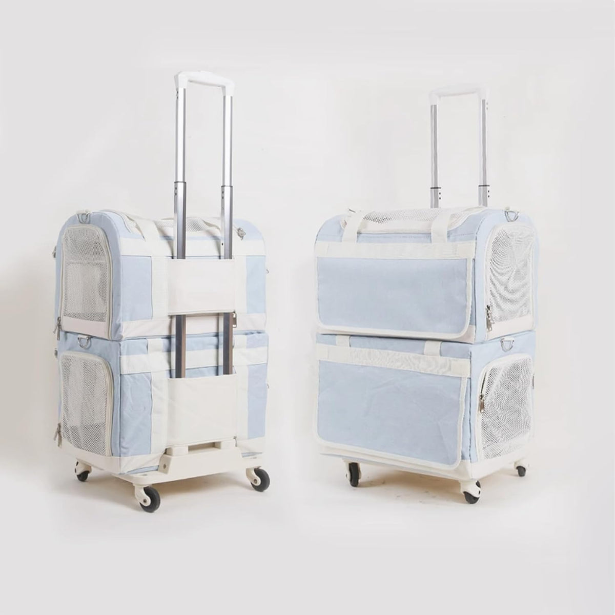 Two-compartment rolling pet carrier with mesh windows for two cats