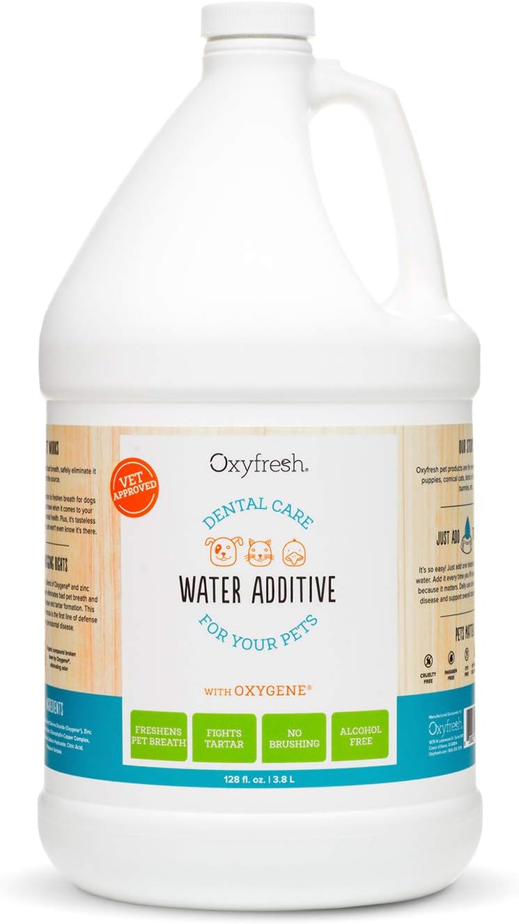 Bottle of pet dental water additive next to a dog water bowl