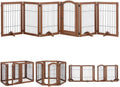 Wooden six-panel freestanding pet gate with metal bars and door