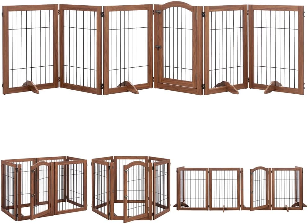 Wooden six-panel freestanding pet gate with metal bars and door