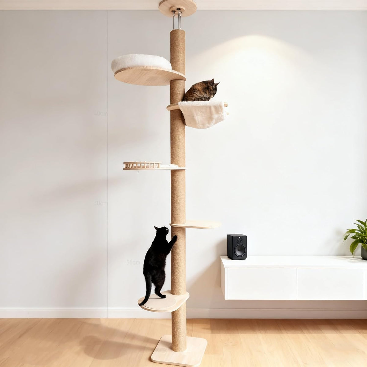 Floor-to-ceiling cat climbing pole with sisal post, plush bed and hammock