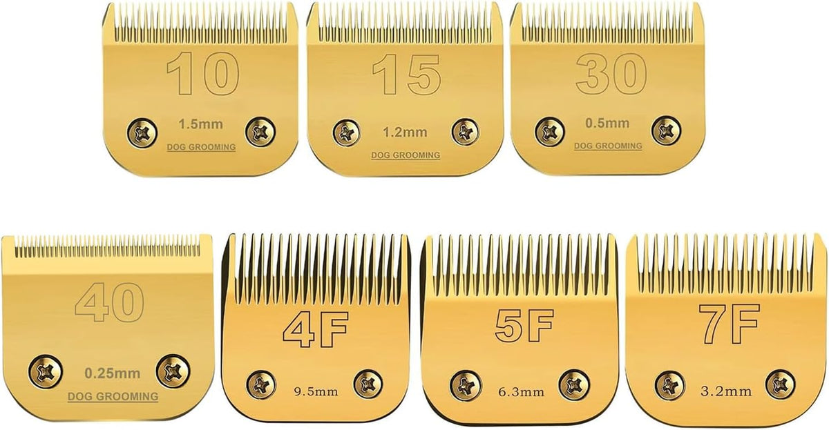 Set of seven gold ceramic detachable dog clipper blades