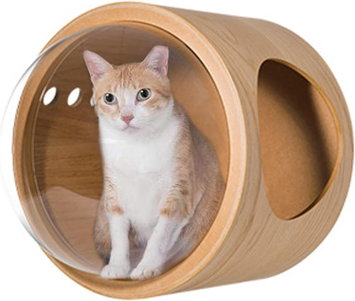 Round wooden wall-mounted cat bed with clear acrylic capsule front