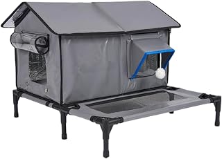 Weather Resistant Portable Raised Cat House with Peaked Roof and Side Tunnel Opening, Gray