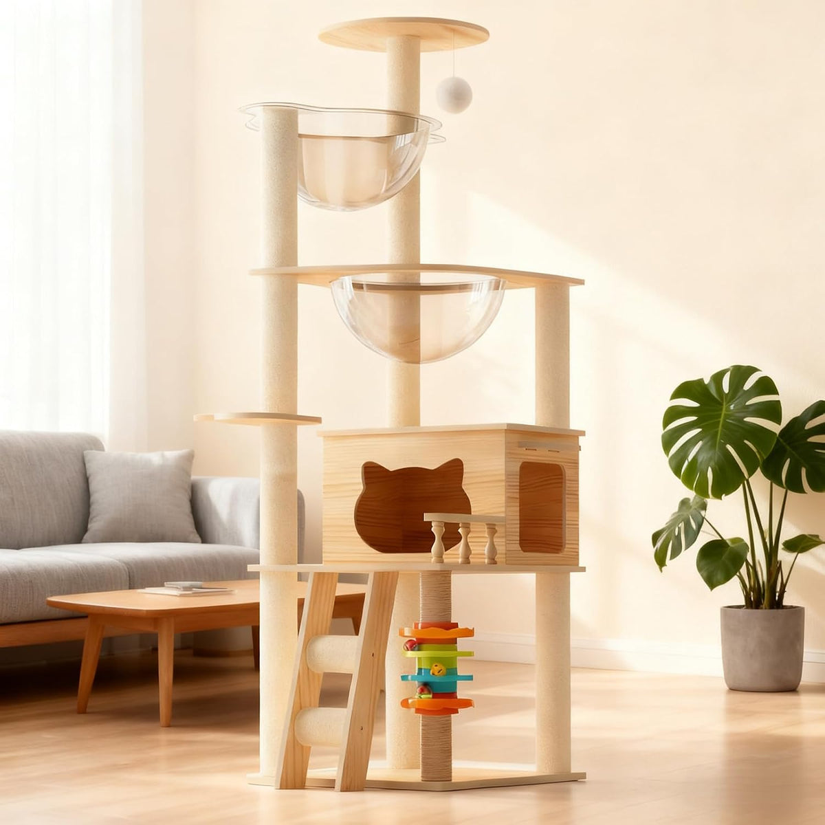 Floor-to-ceiling wooden cat tower with sisal posts, condo cave and top perch – view 2
