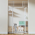 White extra tall pressure mounted pet gate with small cat door