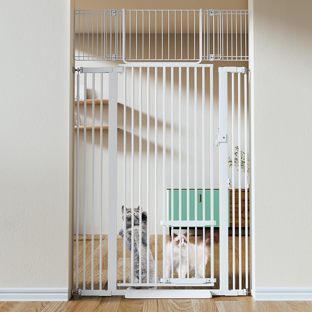 White extra tall pressure mounted pet gate with small cat door