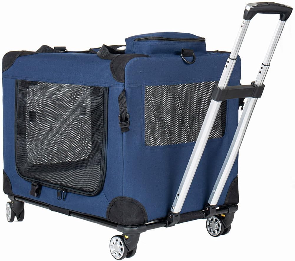 Expandable soft-sided rolling pet carrier with telescopic handle and wheels