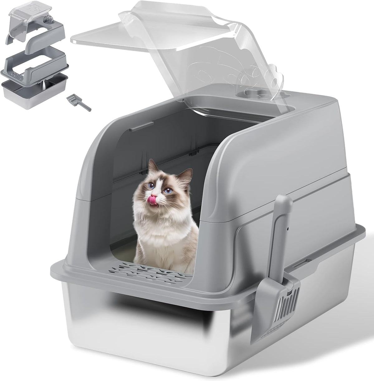 Extra large stainless steel cat litter box with clear lid