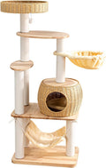 57 inch wooden cat tree with woven bed, hammock and clear bowl