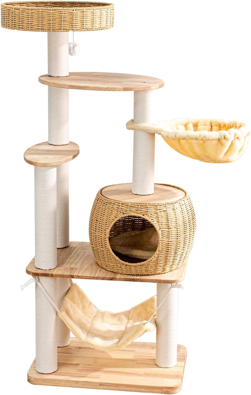 57 inch wooden cat tree with woven bed, hammock and clear bowl