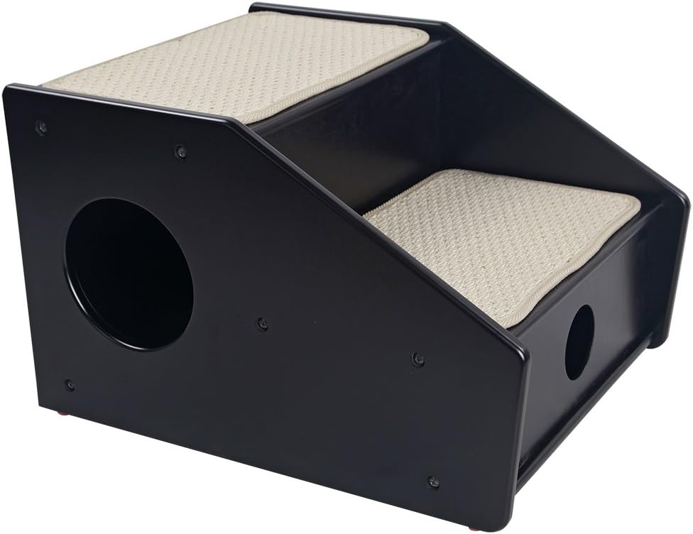 Three-step wooden pet stairs placed beside a bed – view 3