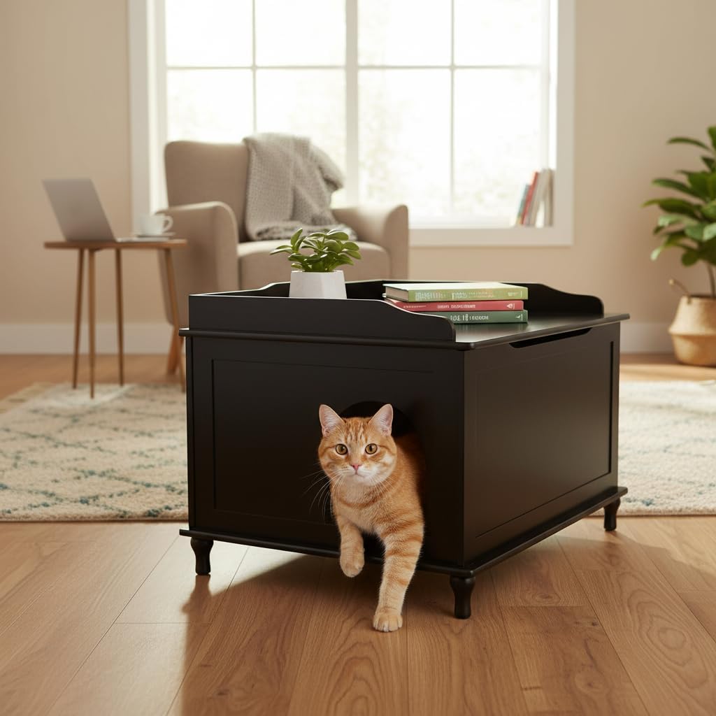 White covered hidden litter box enclosure with lid for large cats – view 2