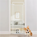 White 78 inch extra tall pet gate with small cat door in a hallway