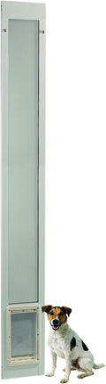 White 96 inch aluminum pet patio door in a sliding door track