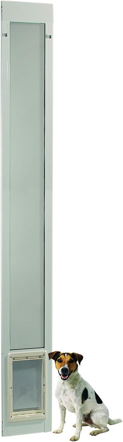 White 96 inch aluminum pet patio door in a sliding door track