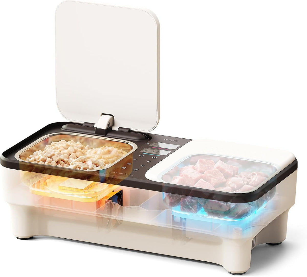 Automatic wet food cat feeder with stainless steel bowls and cooled tray