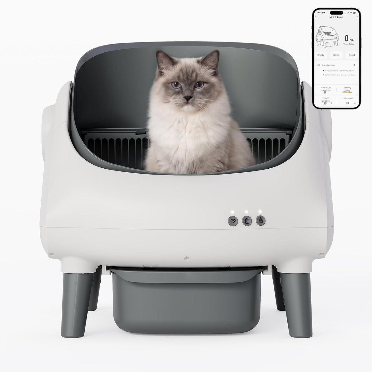 Gray open-top automatic self-cleaning cat litter box with waste drawer – view 3