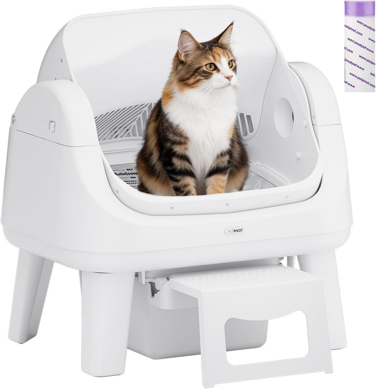 White open-top automatic litter box with easy-access step